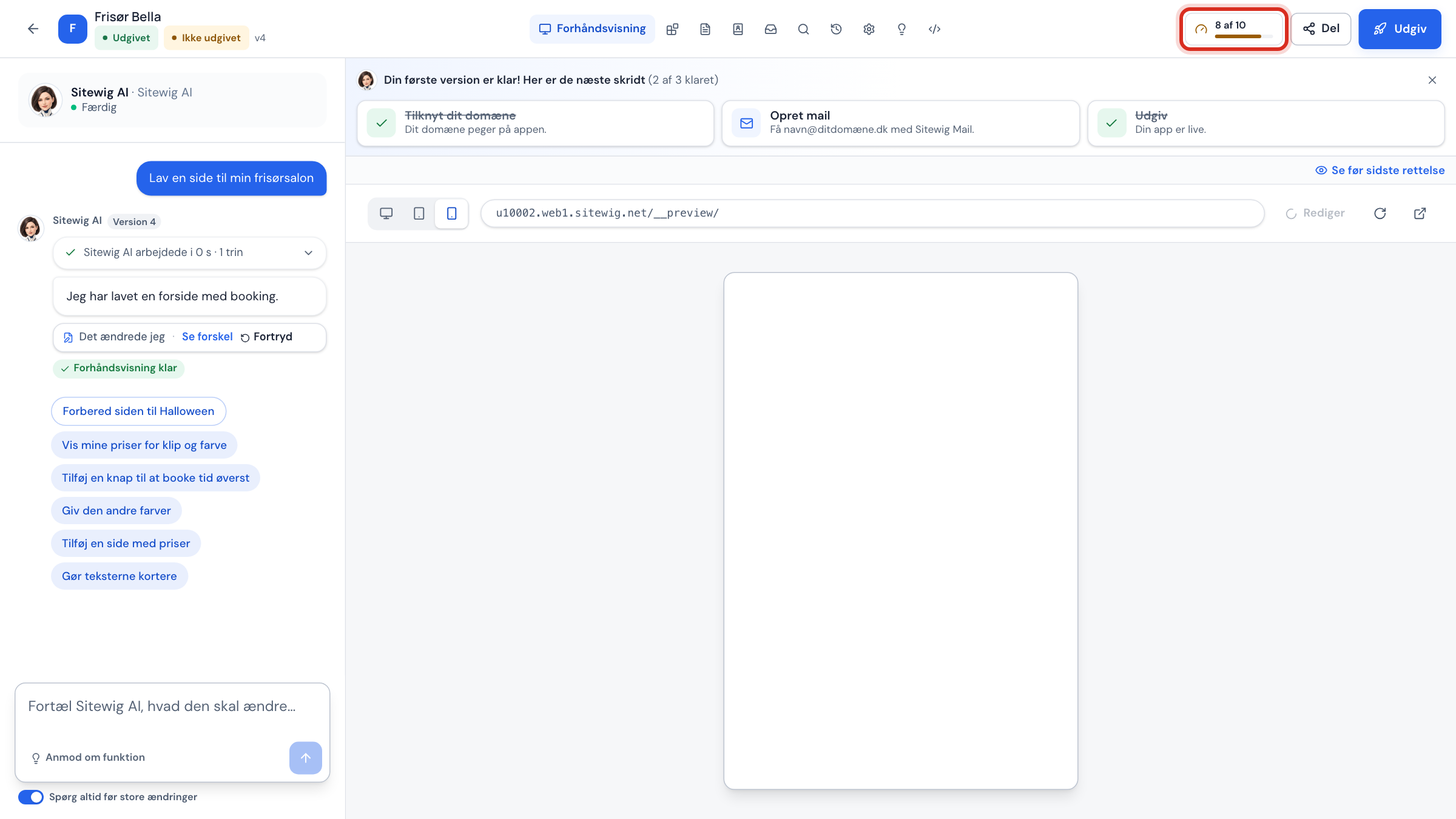 Appens arbejdsflade med den gule måler 8 af 10 i værktøjslinjen markeret