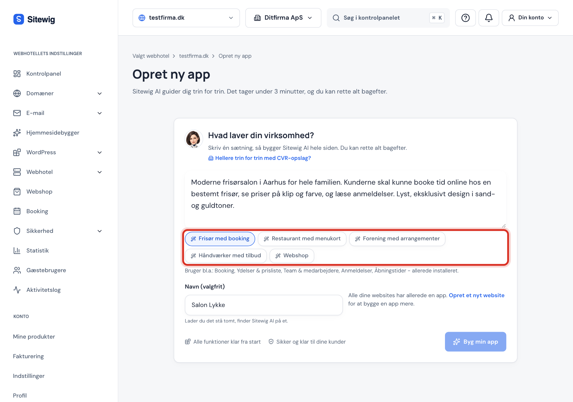 Siden Opret ny app med feltet Hvad laver din virksomhed? og eksemplet Frisør med booking valgt