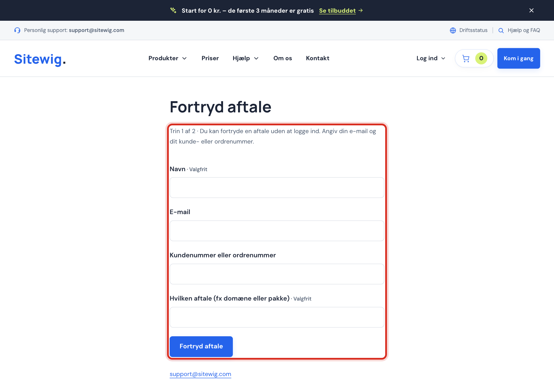 Siden Fortryd aftale, der kan bruges uden login
