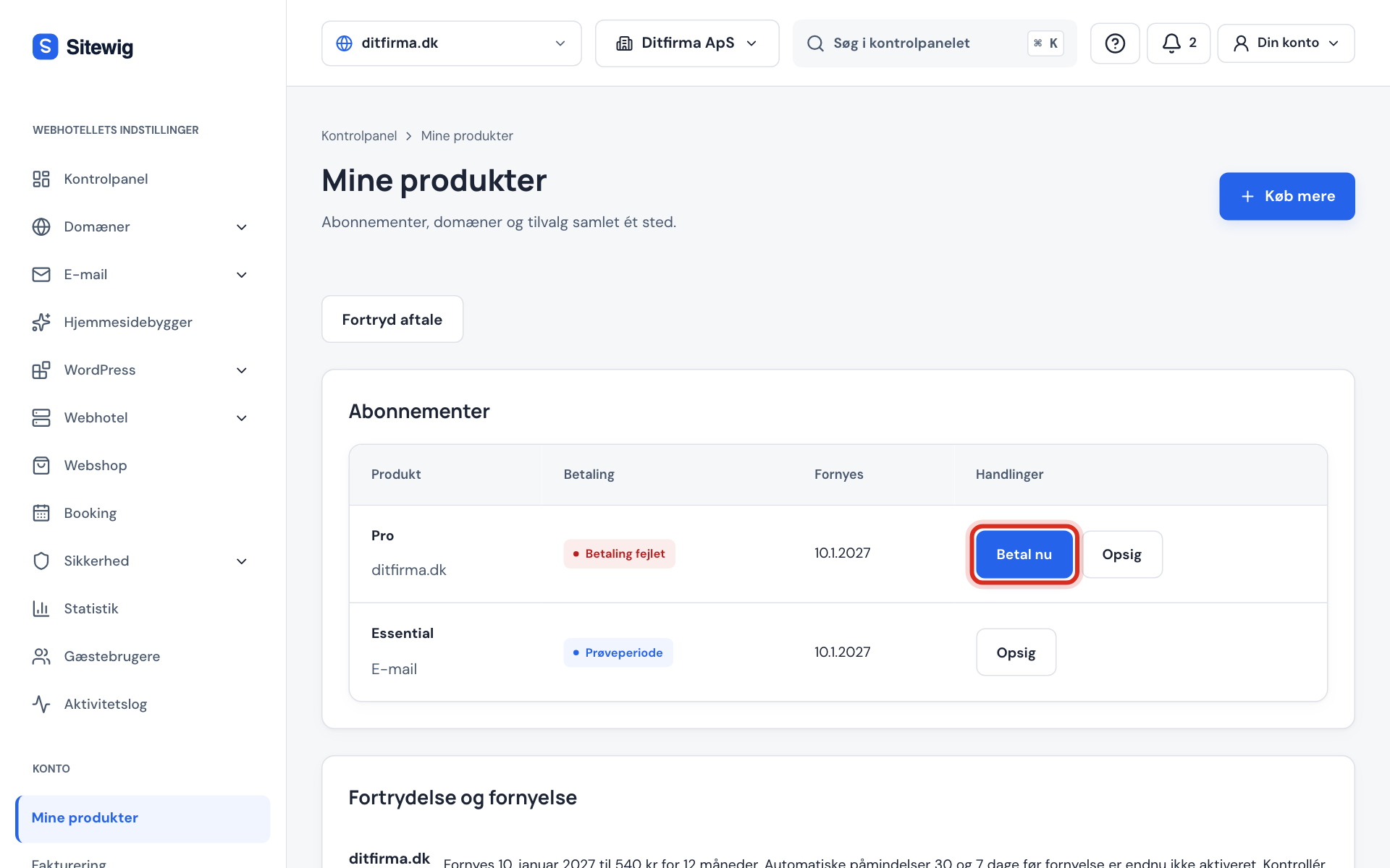 Mine produkter med status Betaling fejlet og knappen Betal nu markeret