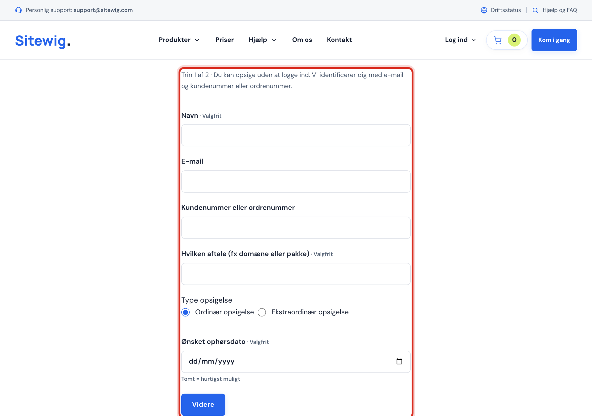 Siden Opsig en aftale med felterne til e-mail og kunde- eller ordrenummer