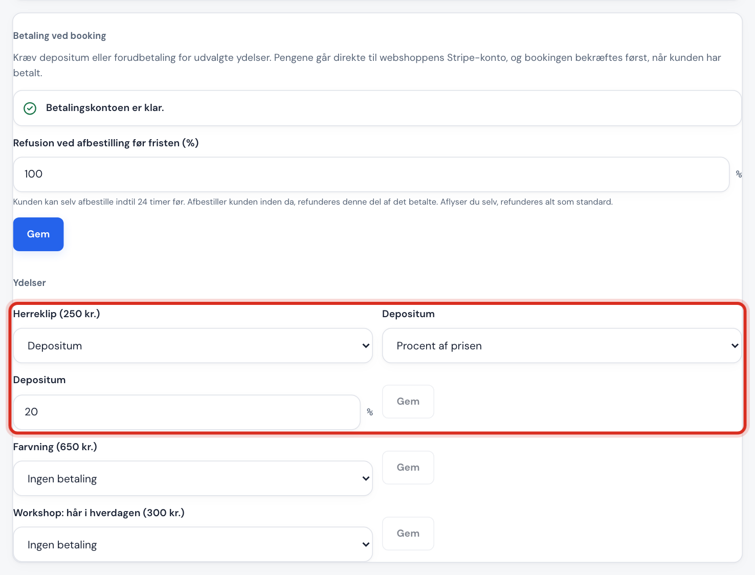 Kortet Betaling ved booking med 20 procent depositum på Herreklip og refusionsprocenten