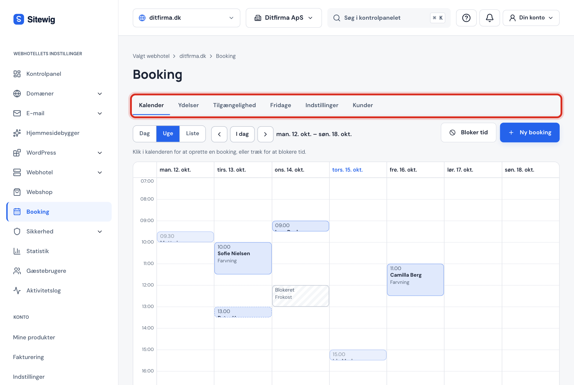 Booking i kontrolpanelet med fanerne Kalender, Ydelser, Tilgængelighed, Fridage, Indstillinger og Kunder