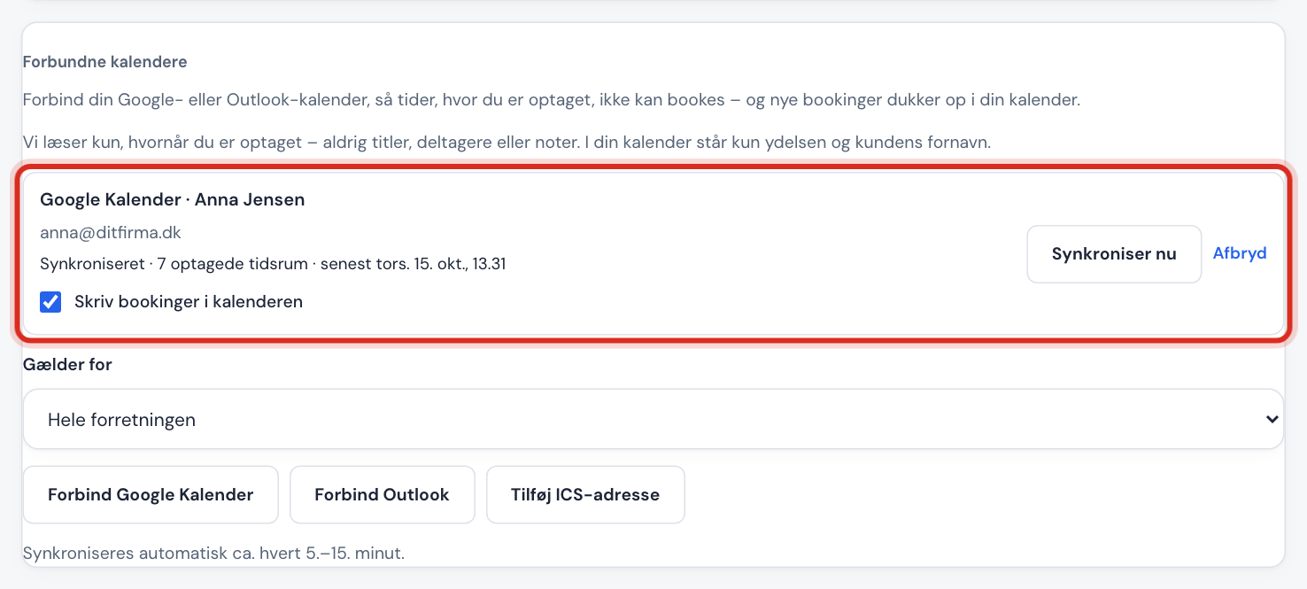 Kortet Forbundne kalendere med en synkroniseret Google-kalender og knapperne til at forbinde flere