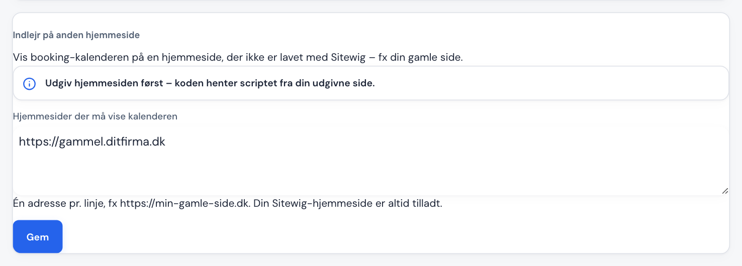 Kortet Indlejr på anden hjemmeside med indlejringskoden og listen over tilladte hjemmesider