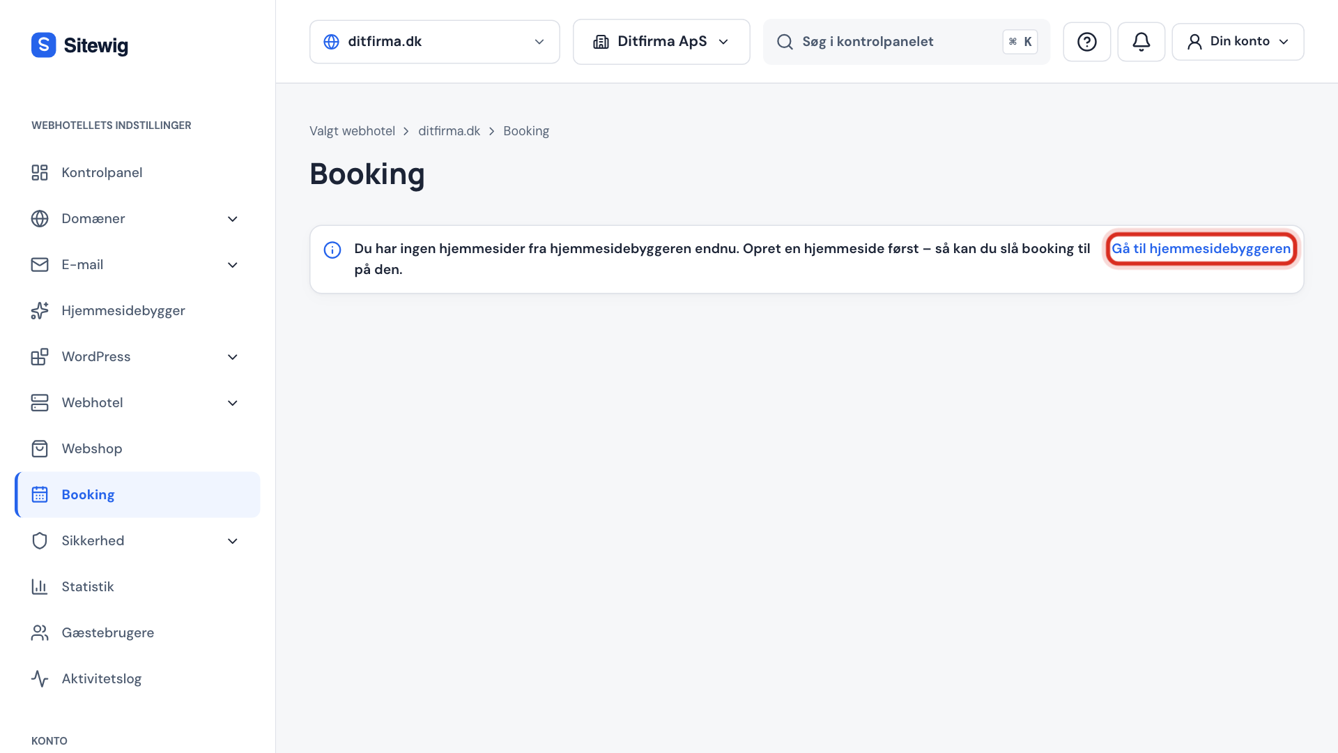 Booking-siden uden hjemmeside med linket Gå til hjemmesidebyggeren