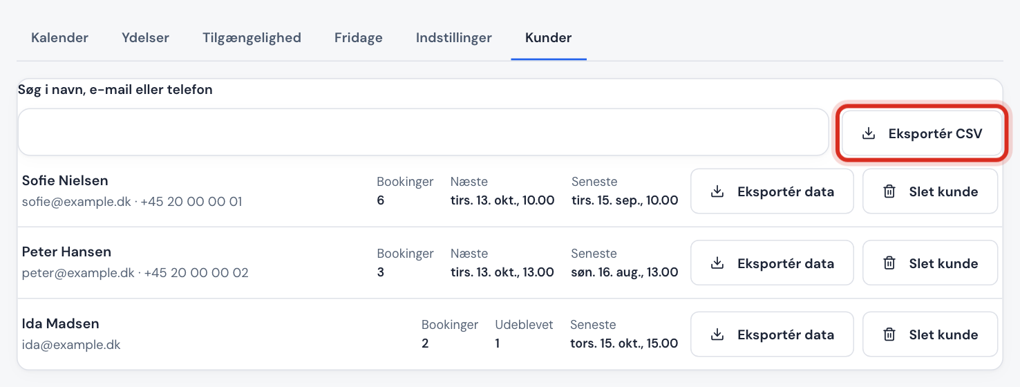 Fanen Kunder med søgefelt, kundeliste og knappen Eksportér CSV