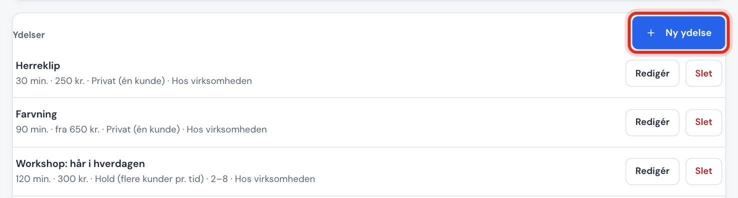Fanen Ydelser med fire ydelser, hvor Skægtrim er markeret som Skjult, og knappen Ny ydelse