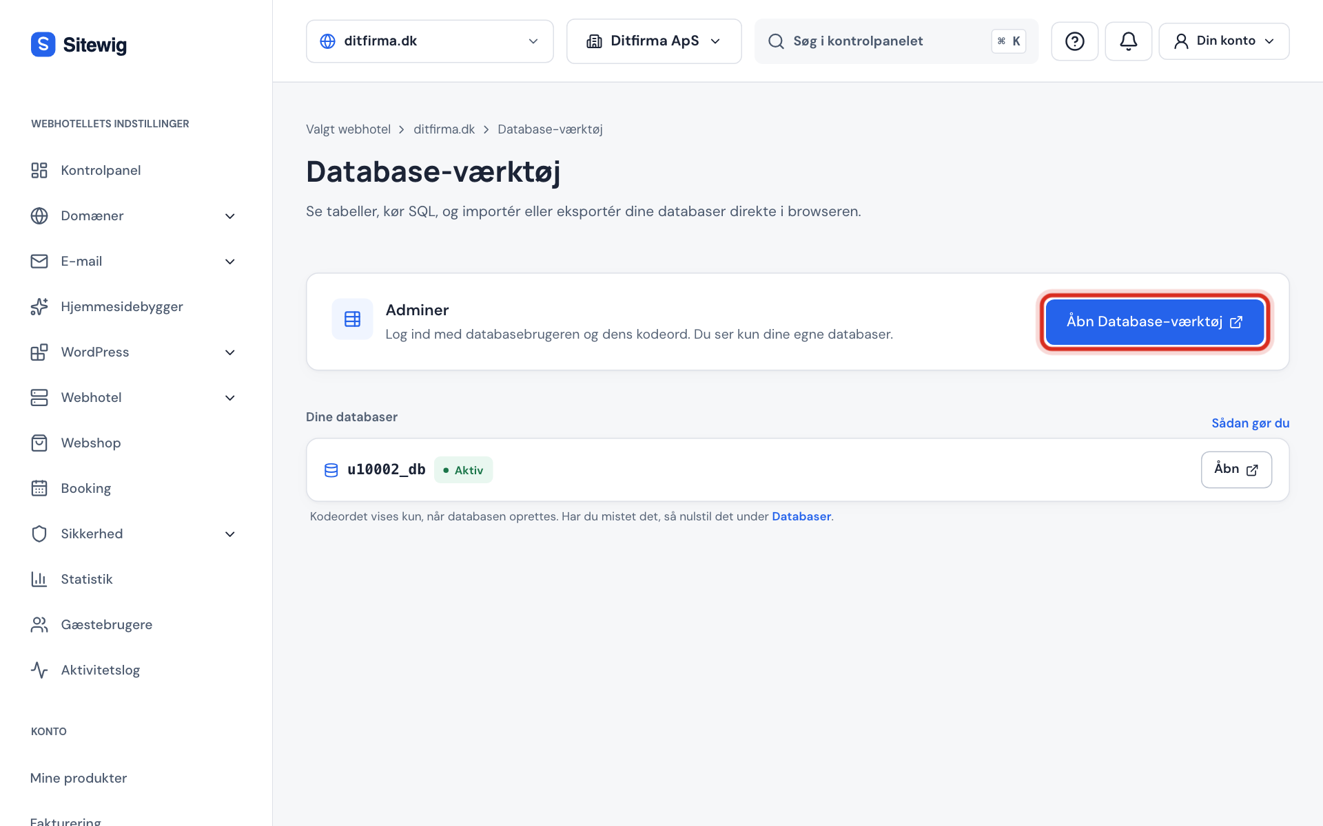 Siden Database-værktøj med kortet Adminer og knappen Åbn Database-værktøj