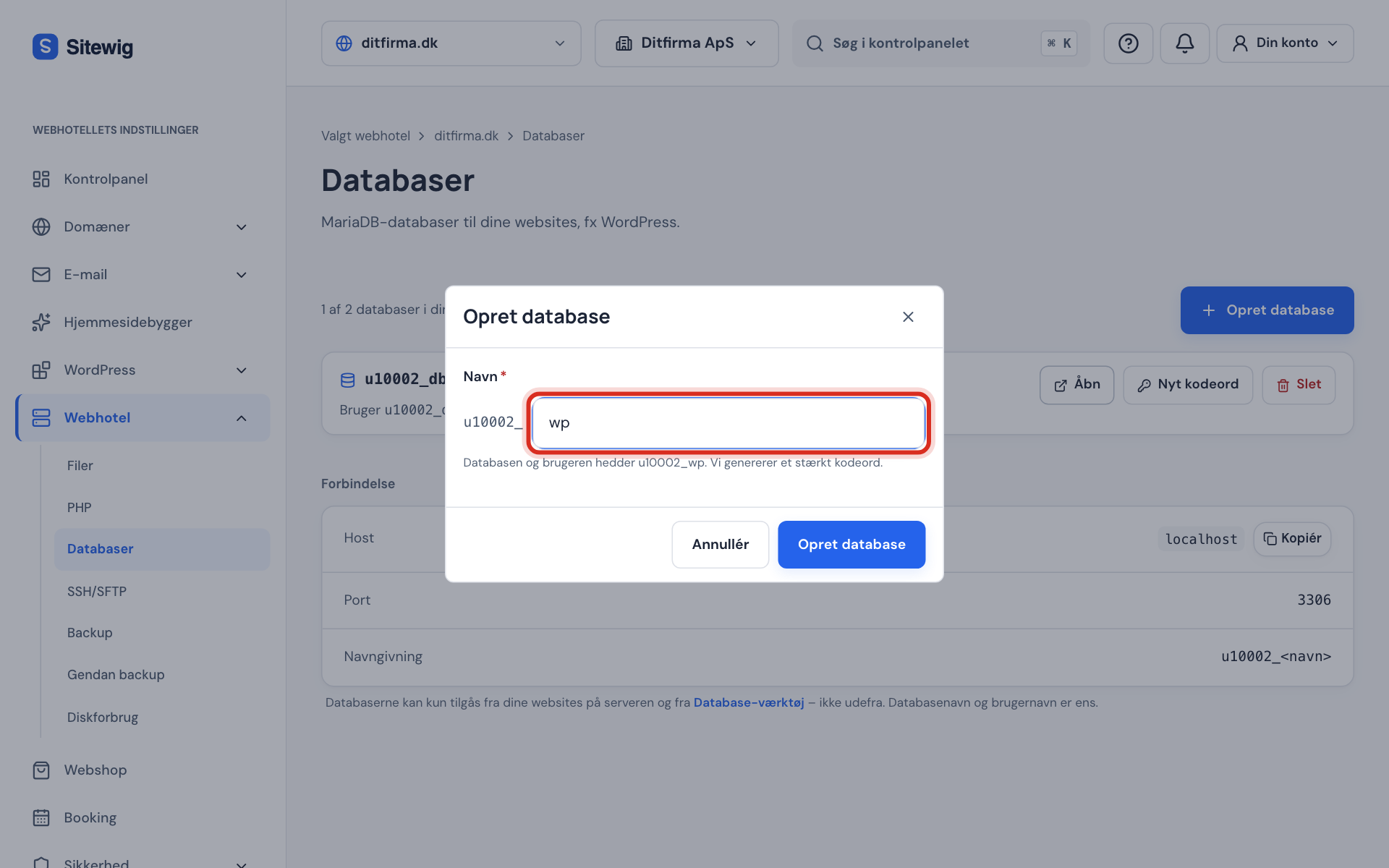 Vinduet Opret database med navnet wp skrevet efter præfikset
