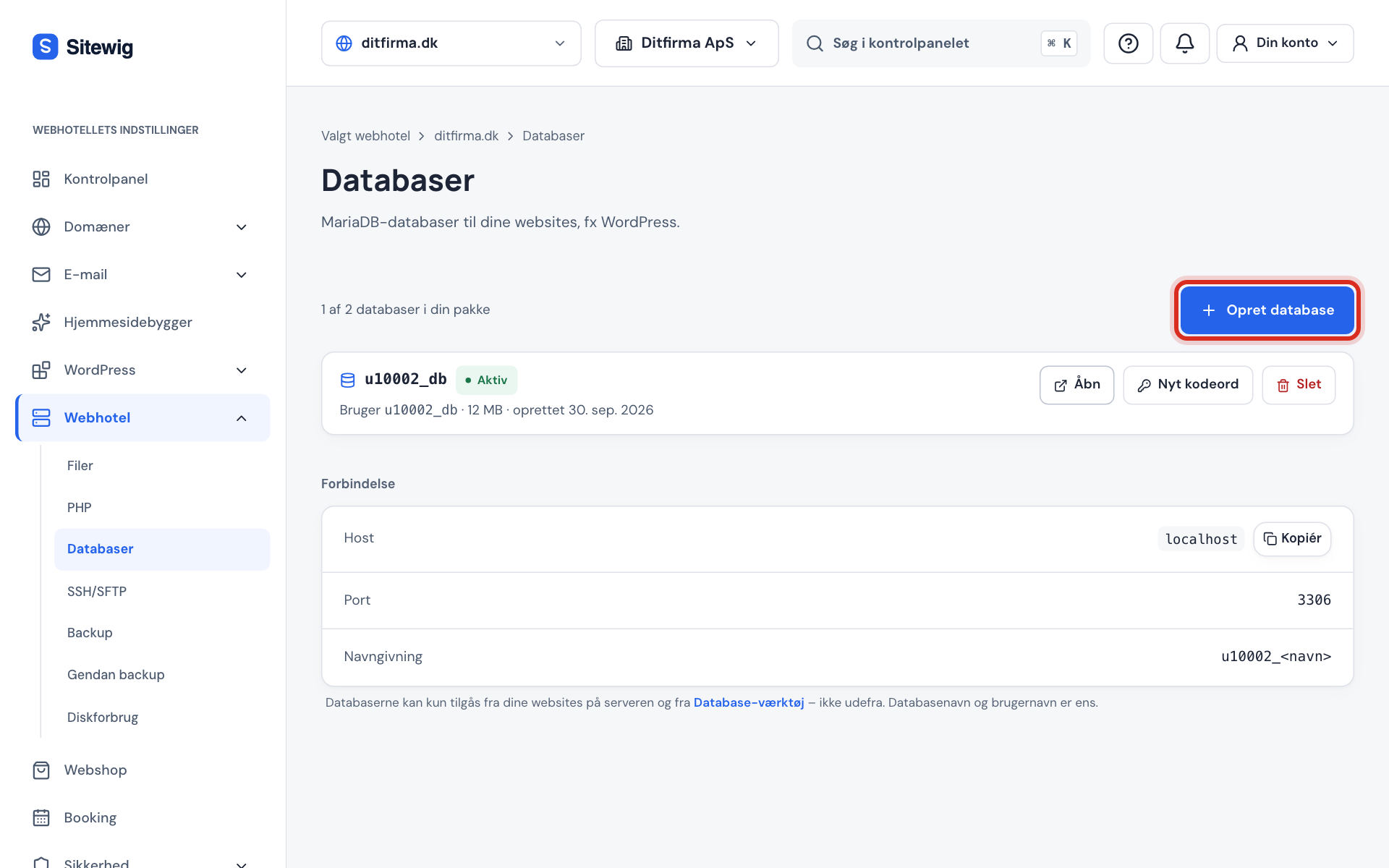 Siden Databaser i kontrolpanelet med knappen Opret database markeret