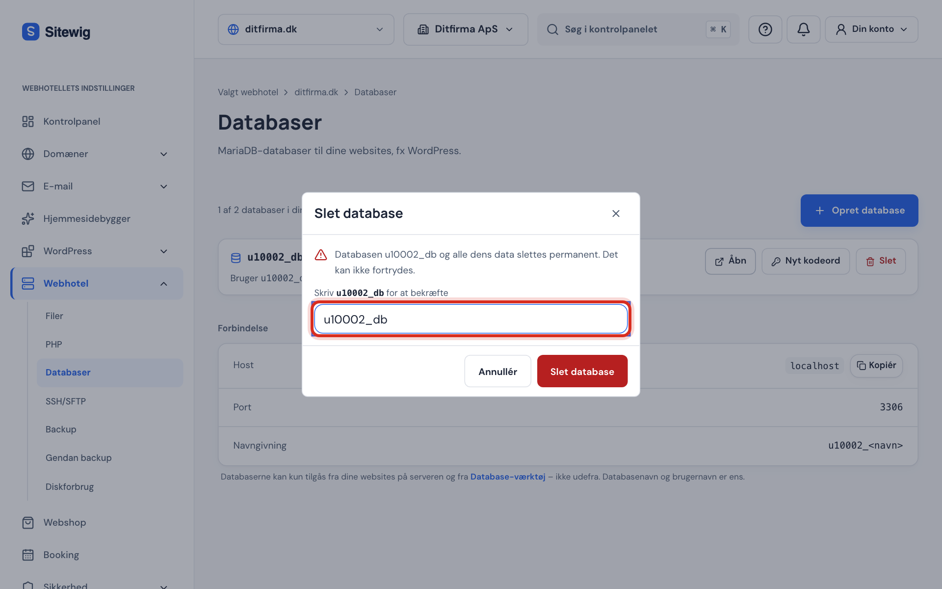 Vinduet Slet database med feltet, hvor navnet skrives