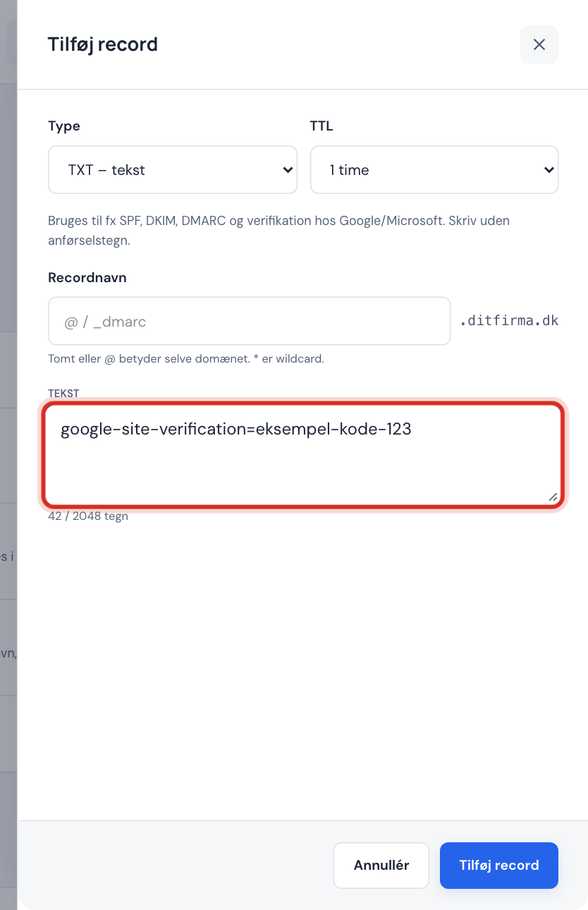 Panelet Tilføj record med typen TXT og en verifikationskode i feltet Tekst
