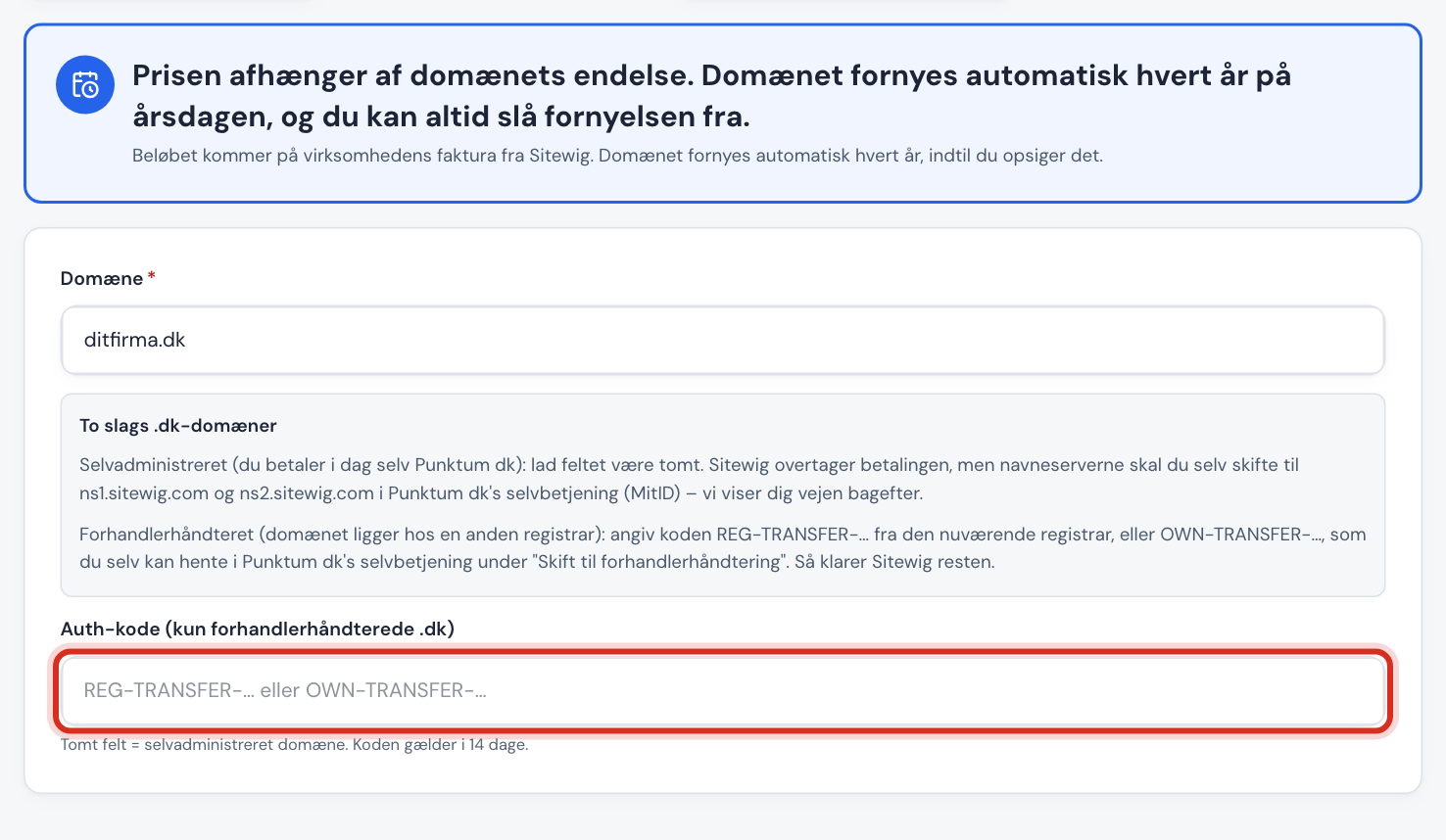 Boksen To slags .dk-domæner og feltet Auth-kode (kun forhandlerhåndterede .dk)
