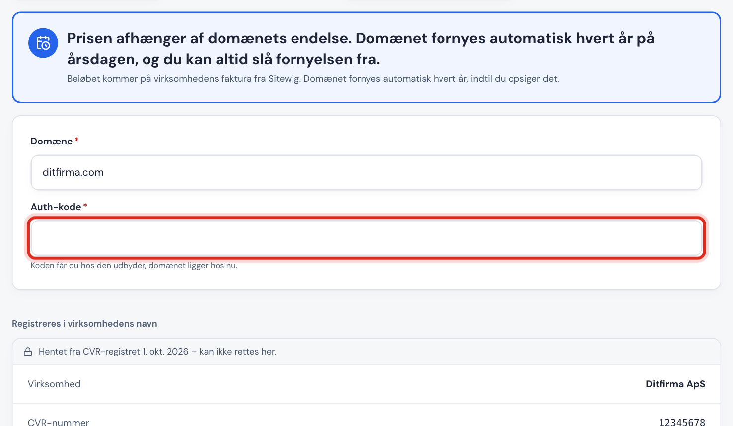 Fanen Flyt et domæne til Sitewig med domænet udfyldt og feltet Auth-kode markeret