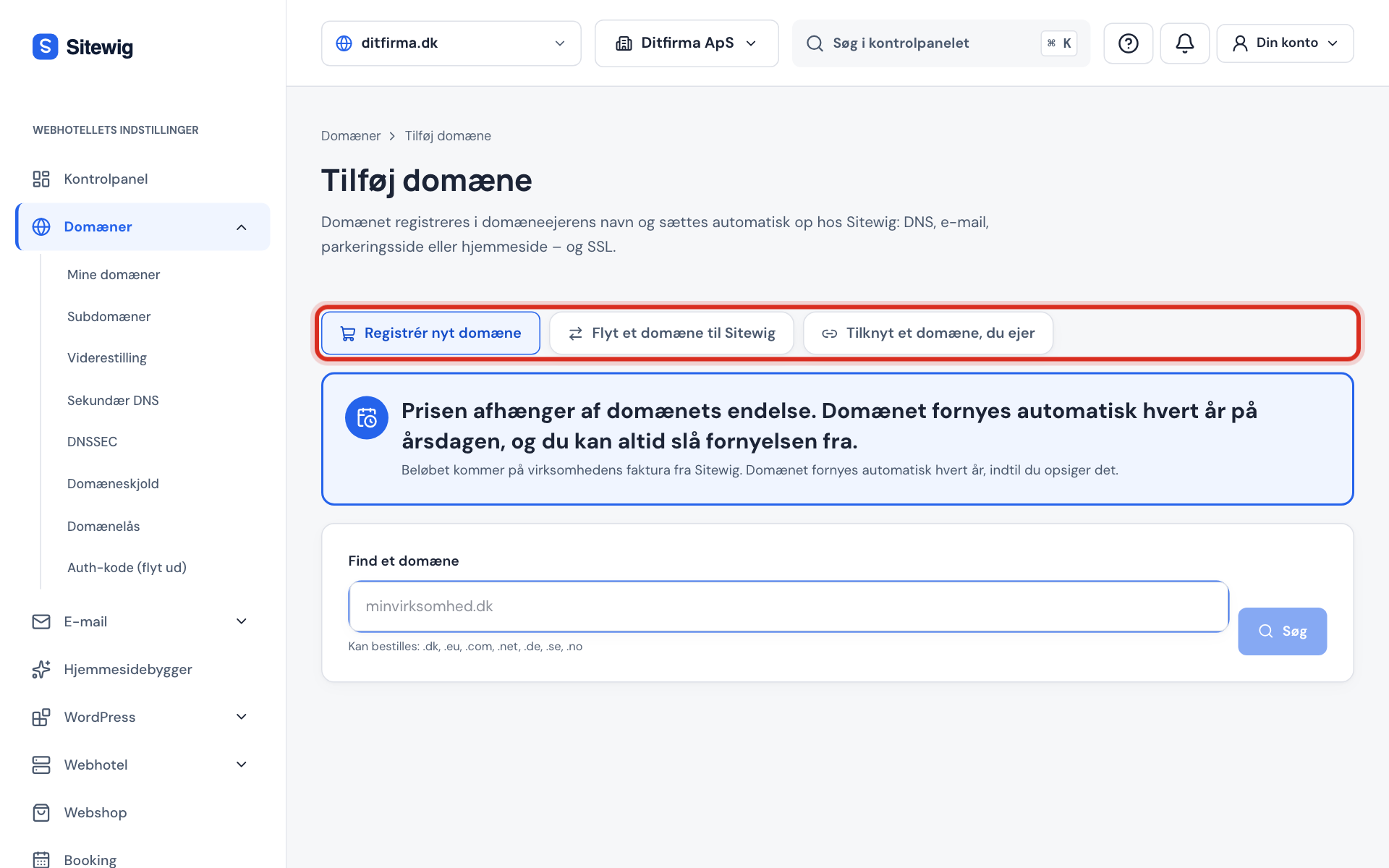 Siden Tilføj domæne med fanerne Registrér nyt domæne, Flyt et domæne til Sitewig og Tilknyt et domæne, du ejer