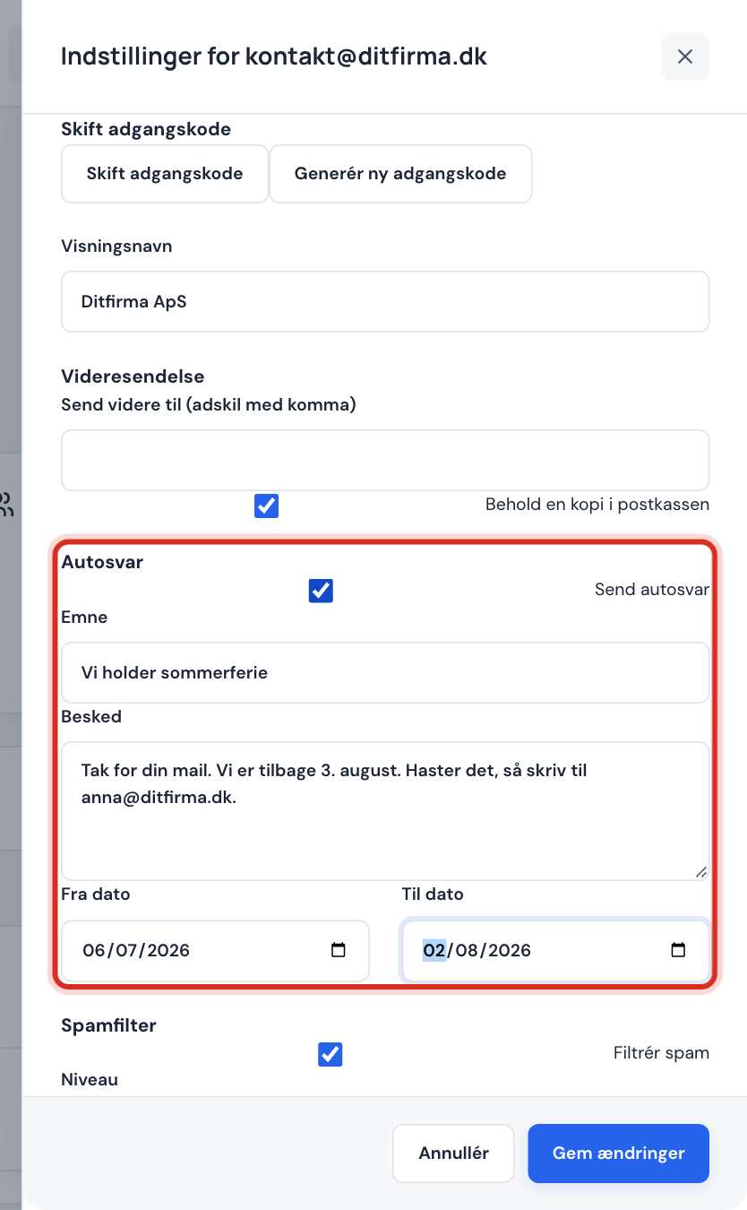 Skuffen med afsnittet Autosvar: Send autosvar, Emne, Besked, Fra dato og Til dato udfyldt