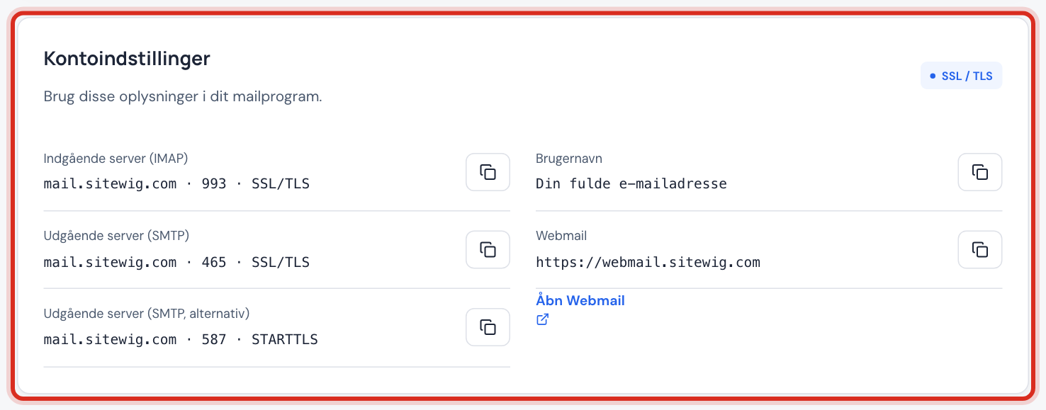 Kortet Kontoindstillinger med indgående og udgående server, brugernavn og Åbn Webmail