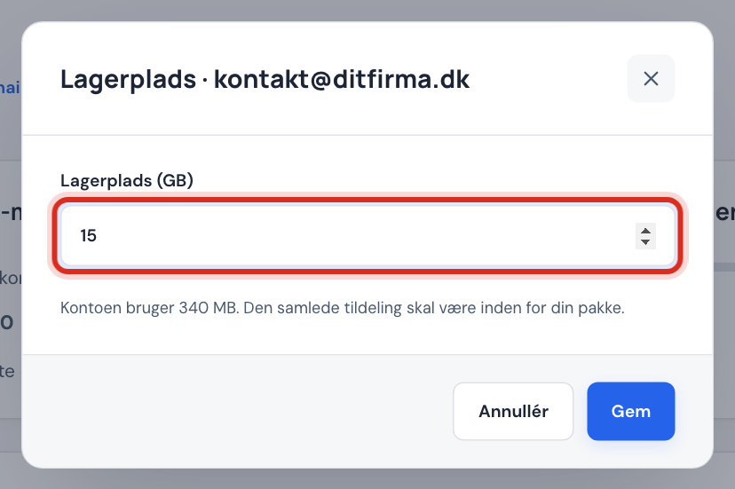 Vinduet Lagerplads for kontakt@ditfirma.dk med feltet Lagerplads (GB) og forbruget