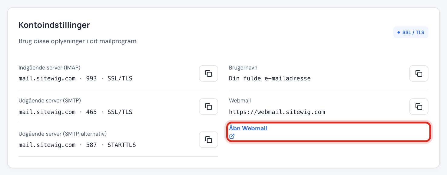 Kortet Kontoindstillinger med linket Åbn Webmail markeret