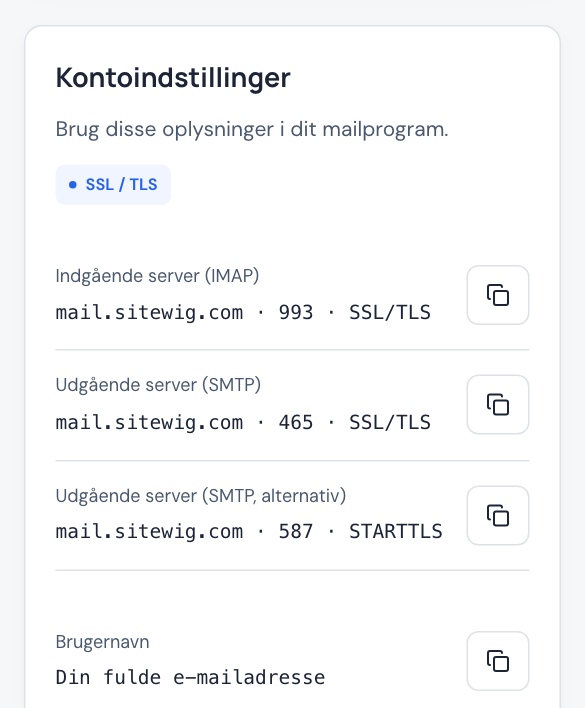 Kortet Kontoindstillinger i kontrolpanelet vist på en mobilskærm