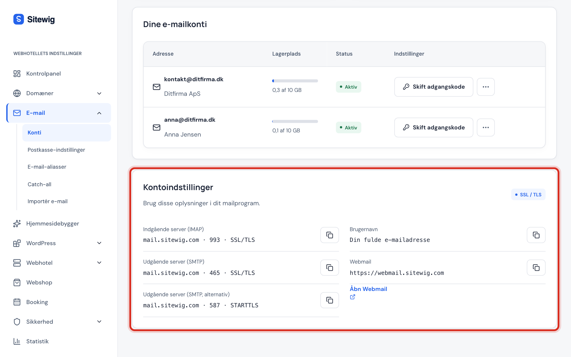 Kontrolpanelet: E-mail → Konti med kortet Kontoindstillinger markeret
