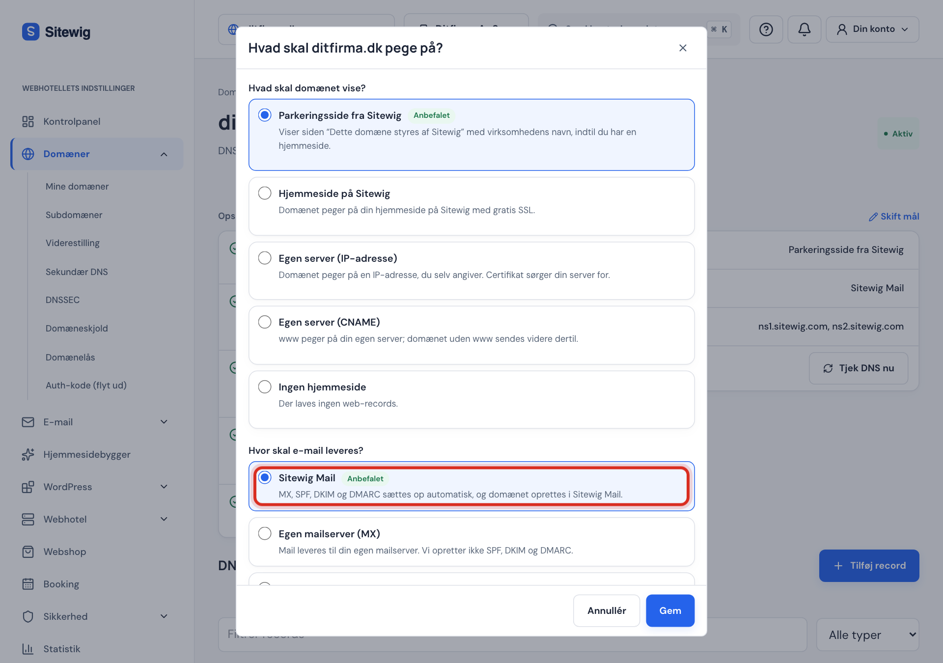 Vinduet Skift mål med Sitewig Mail valgt
