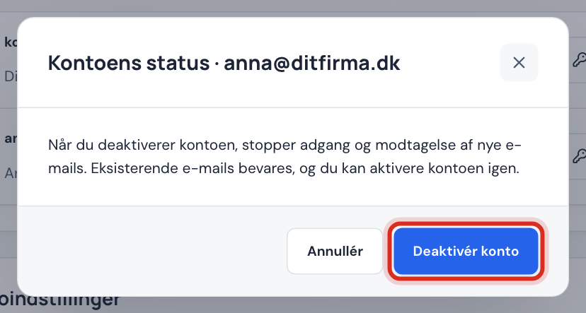 Vinduet Kontoens status med knappen Deaktivér konto