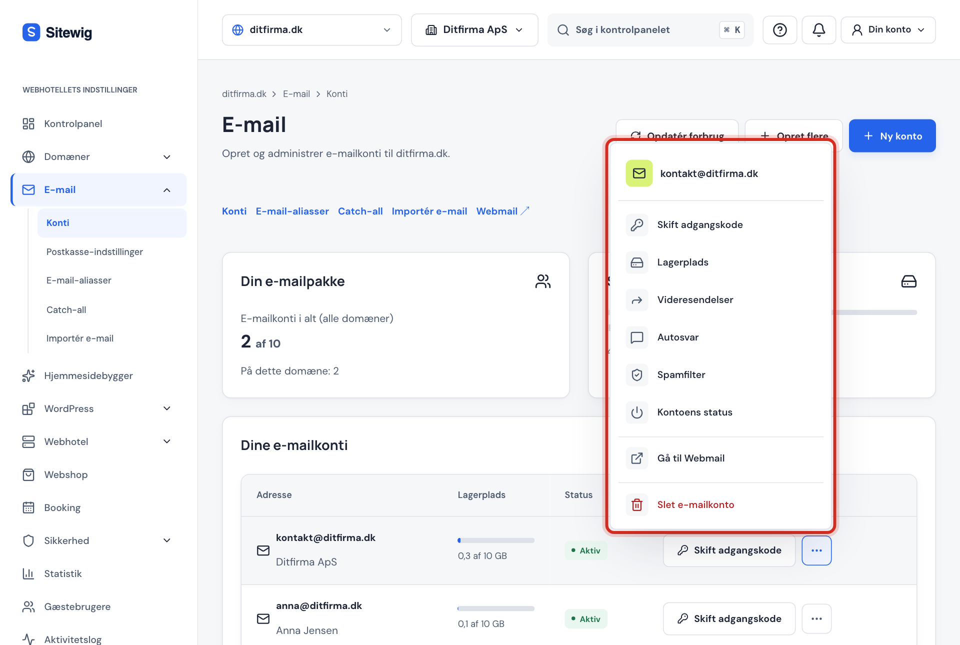 Menuen for en e-mailkonto