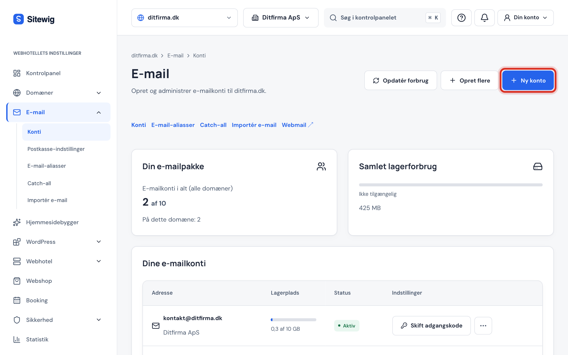 E-mail → Konti med knappen Ny konto markeret