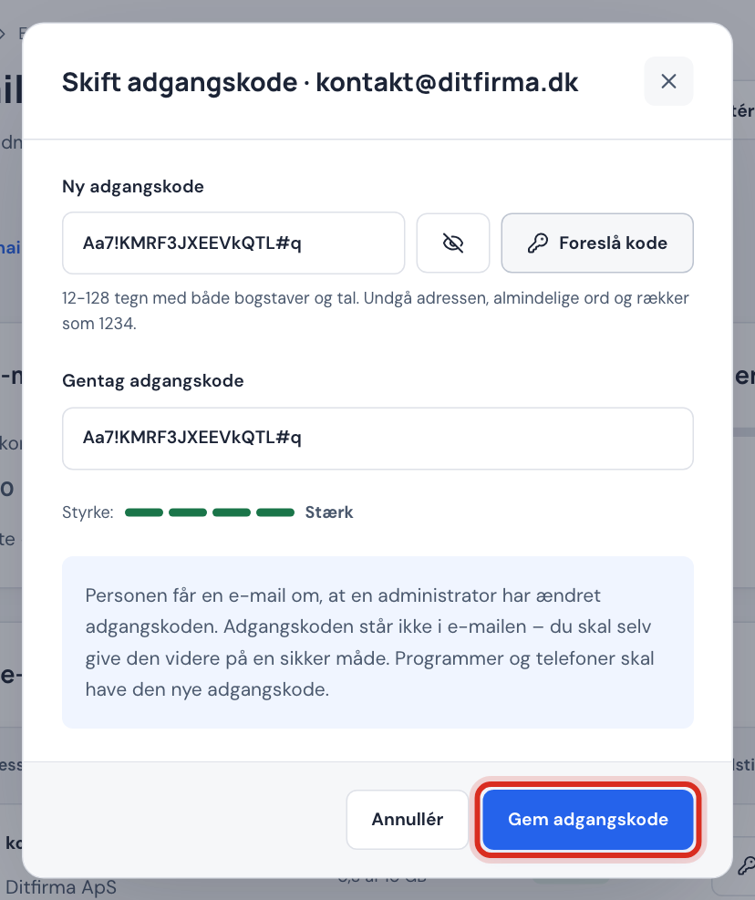 Vinduet Skift adgangskode med styrkemåler