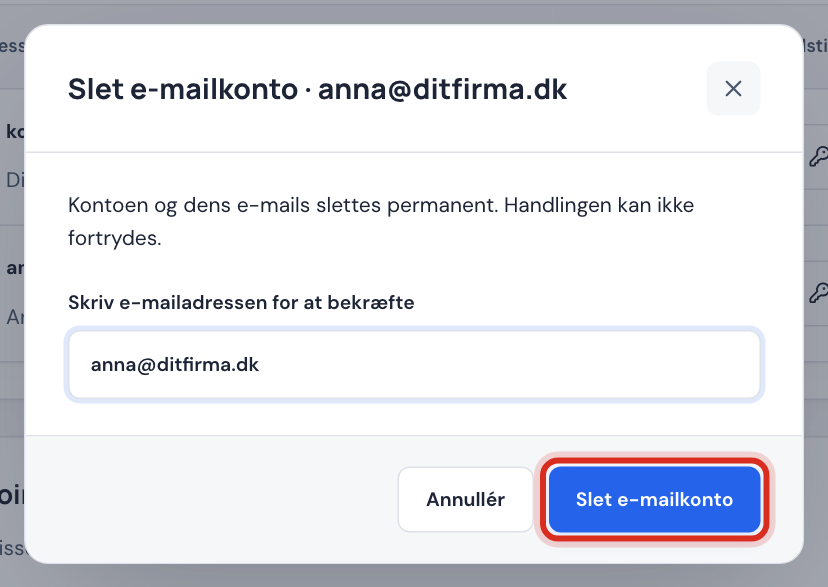 Vinduet Slet e-mailkonto, hvor adressen skal skrives