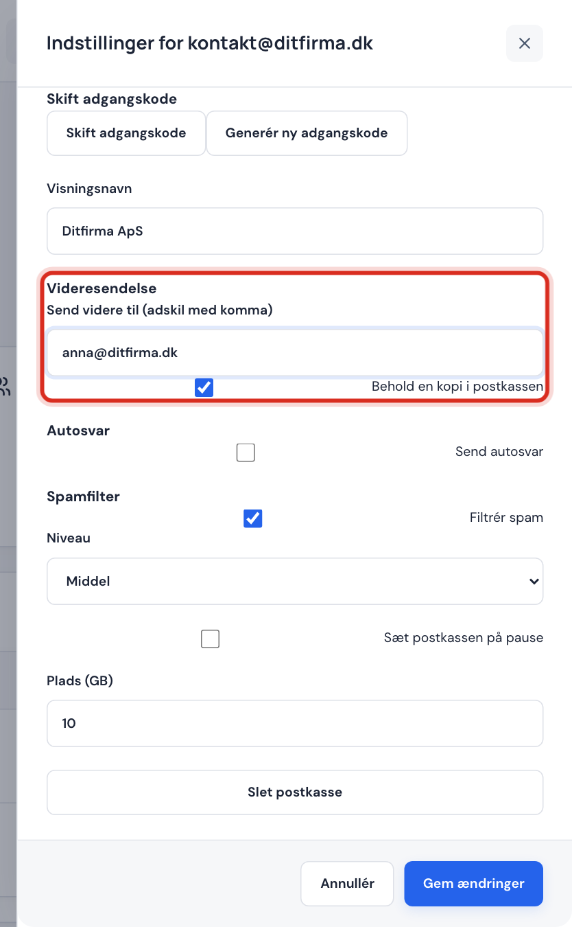 Panelet med feltet Send videre til udfyldt
