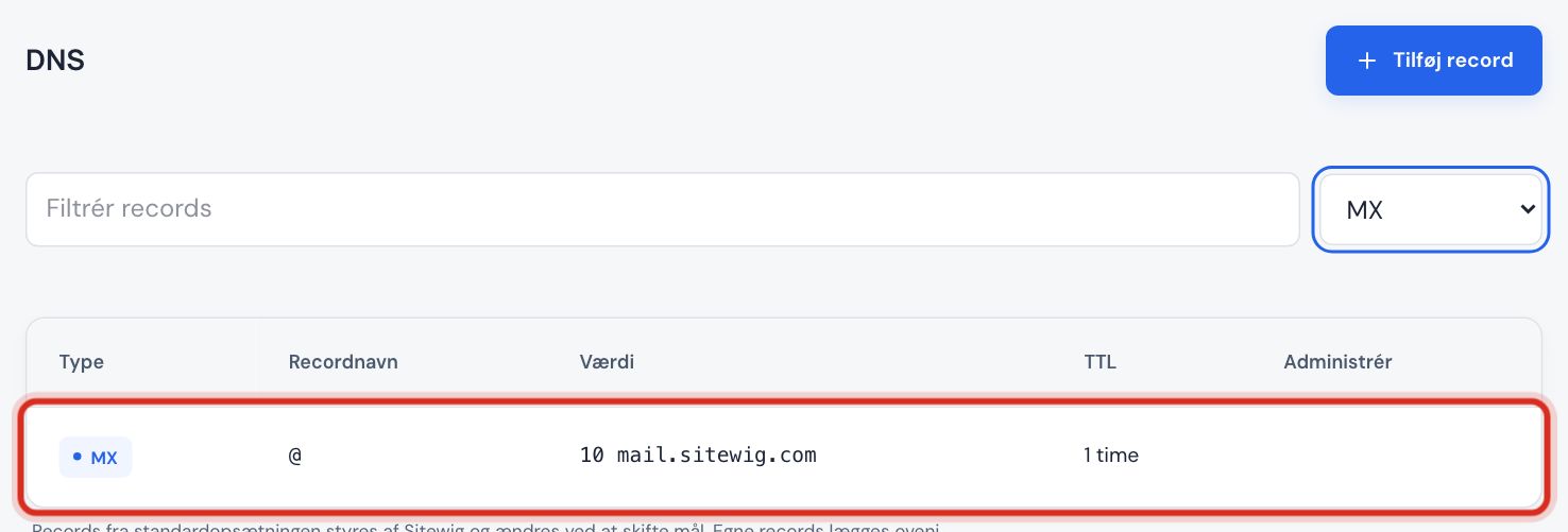DNS-tabellen filtreret på MX, hvor @ peger på mail.sitewig.com