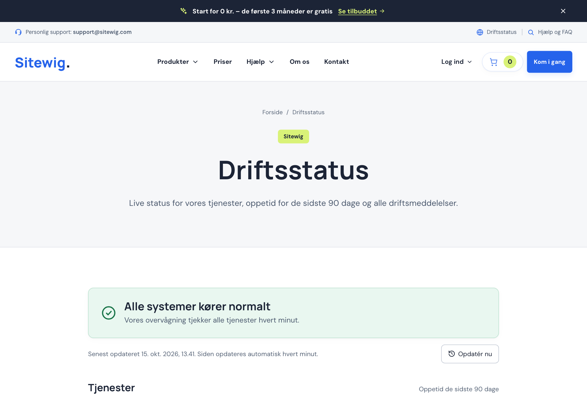 Siden Driftsstatus med Alle systemer kører normalt og oppetiden pr. tjeneste