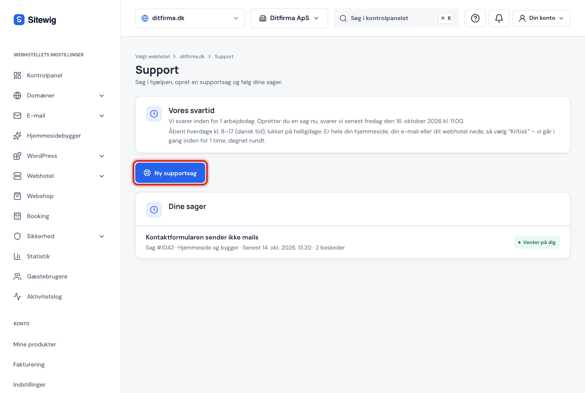 Siden Support med kortet Vores svartid og knappen Ny supportsag