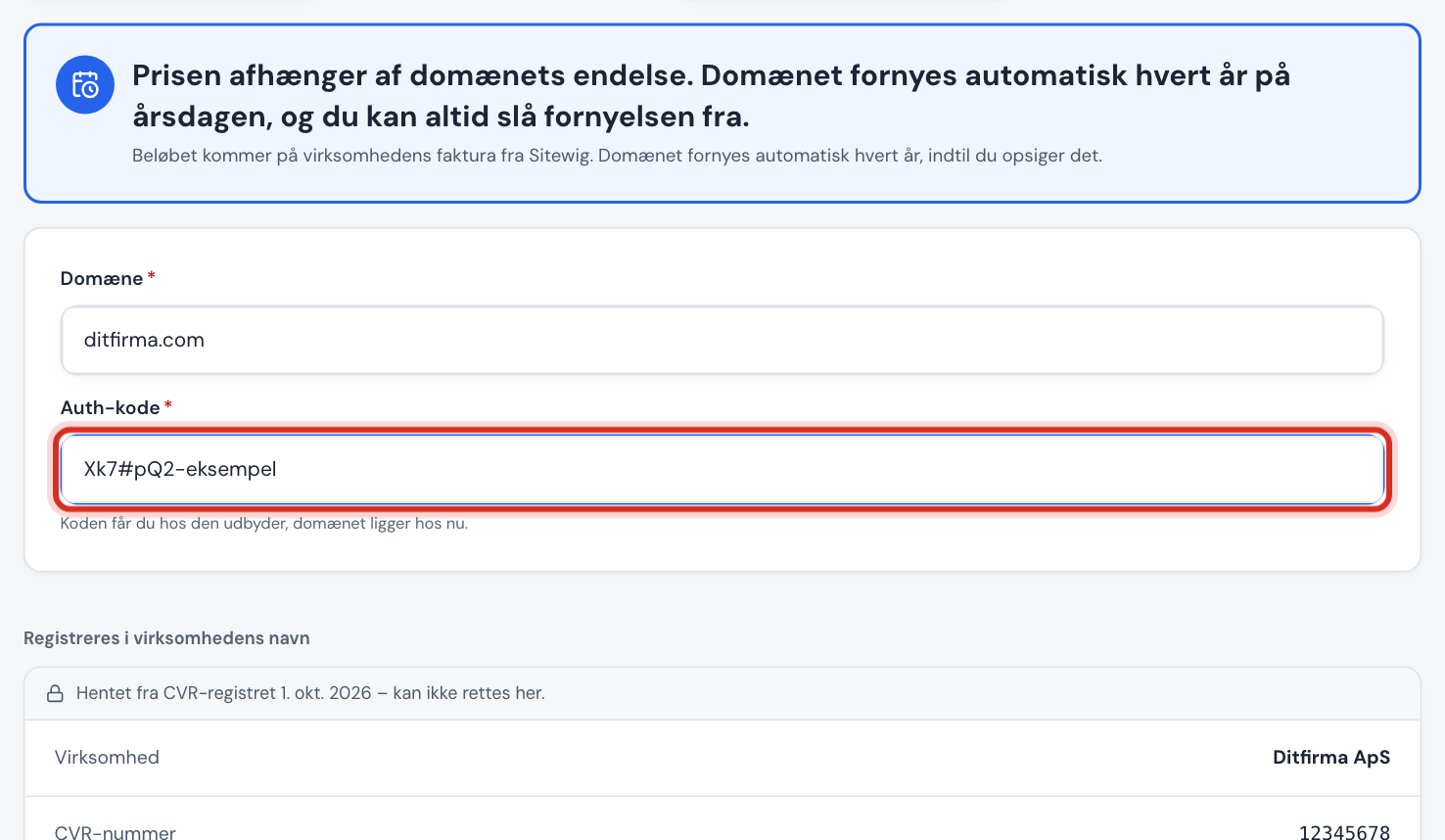 Fanen Flyt et domæne til Sitewig med ditfirma.com og auth-koden udfyldt