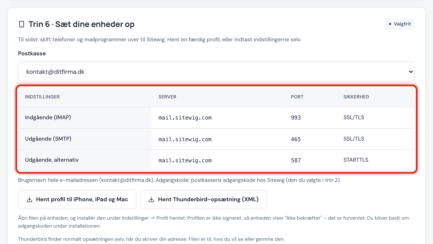Trin 6 Sæt dine enheder op med servere, porte og knappen Hent profil til iPhone, iPad og Mac