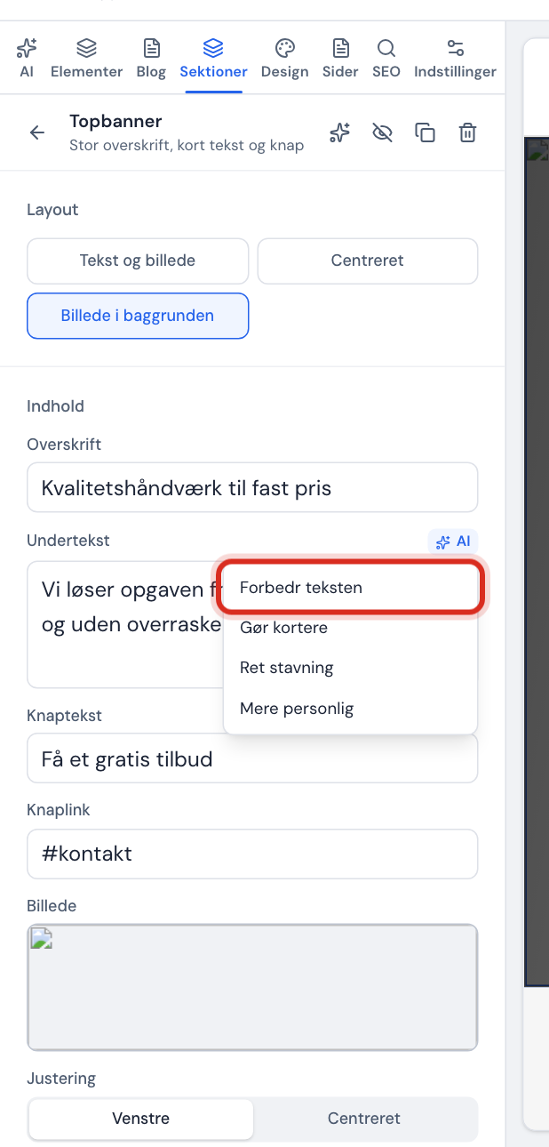 Sektionens felt Undertekst med AI-menuen Forbedr teksten, Gør kortere, Ret stavning og Mere personlig