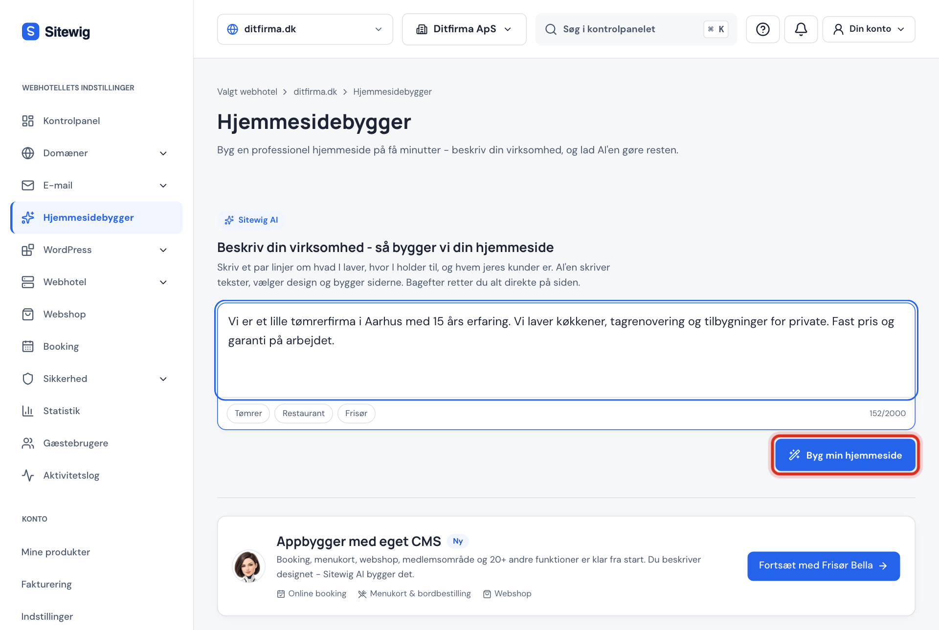 Hjemmesidebyggeren med feltet Beskriv din virksomhed udfyldt og knappen Byg min hjemmeside