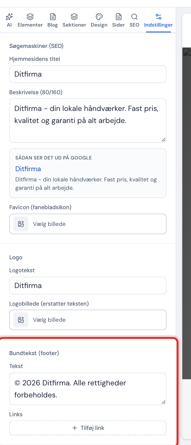 Fanen Indstillinger med afsnittene Bundtekst (footer) og Sociale medier