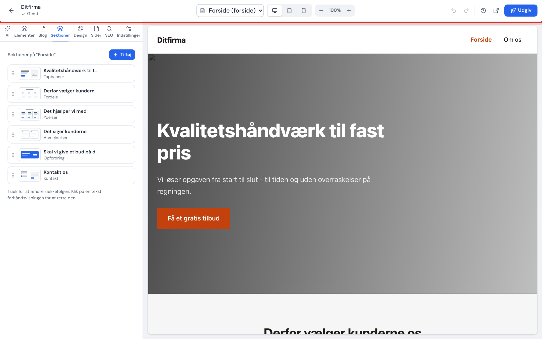 Editoren med topbjælken, fanen Sektioner i sidepanelet og forhåndsvisningen af forsiden