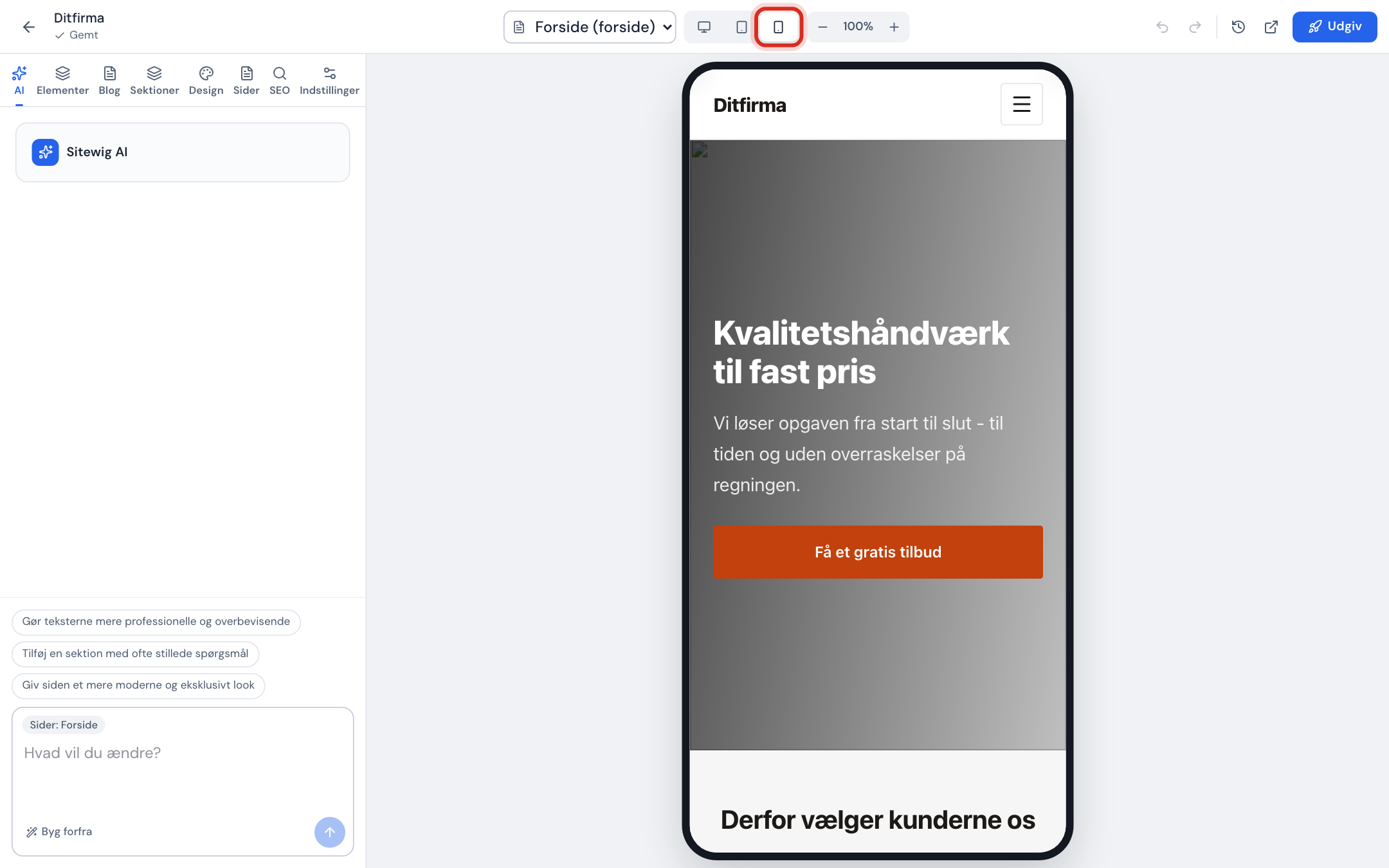 Editoren med Mobil valgt i topbjælken og forhåndsvisningen i mobilbredde