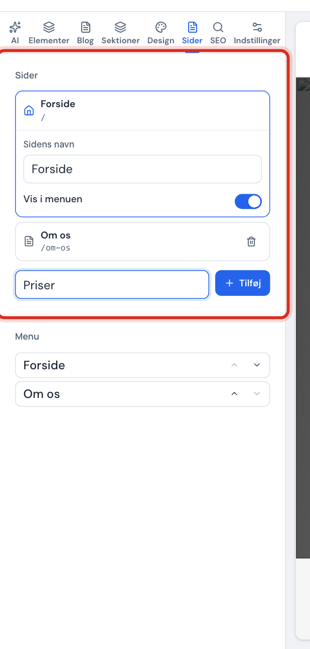 Fanen Sider med listen over sider, feltet Ny side og knappen Tilføj