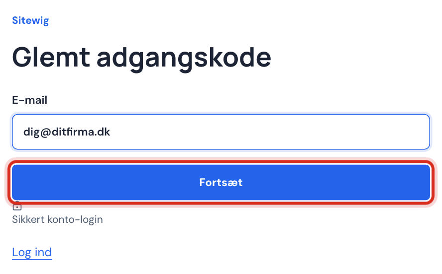 Skærmbillede af siden Glemt adgangskode med e-mailfeltet udfyldt