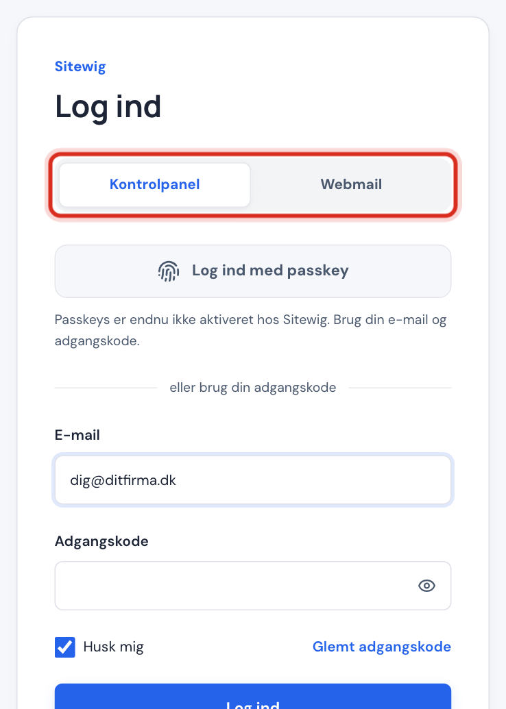 Skærmbillede af login-siden med knappen Log ind med passkey over e-mail og adgangskode