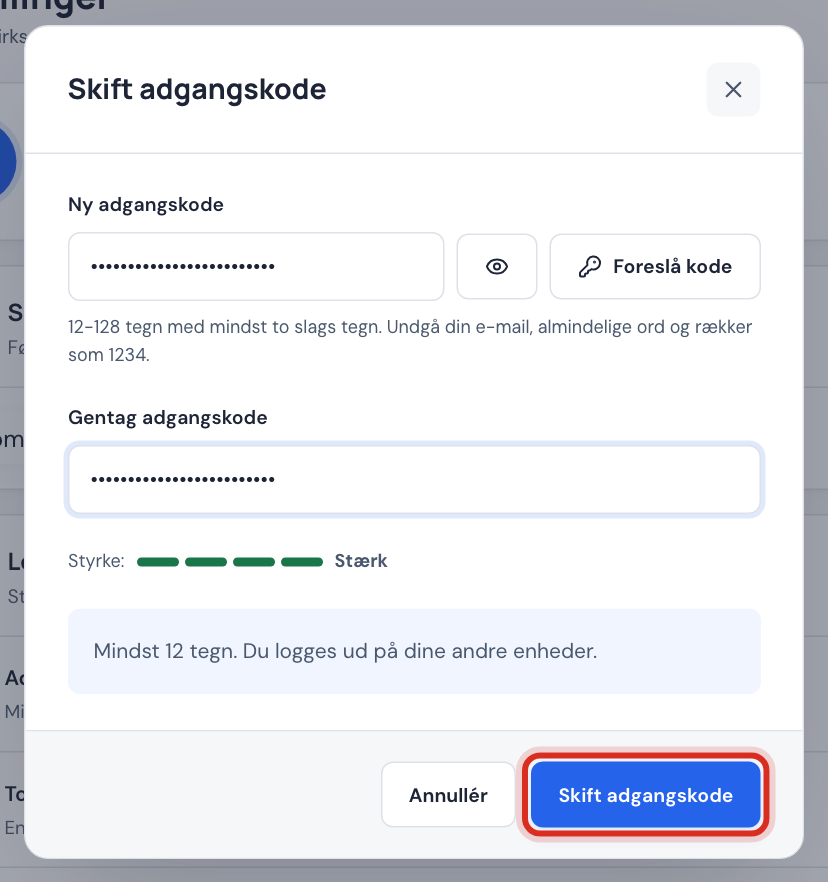 Skærmbillede af vinduet Skift adgangskode