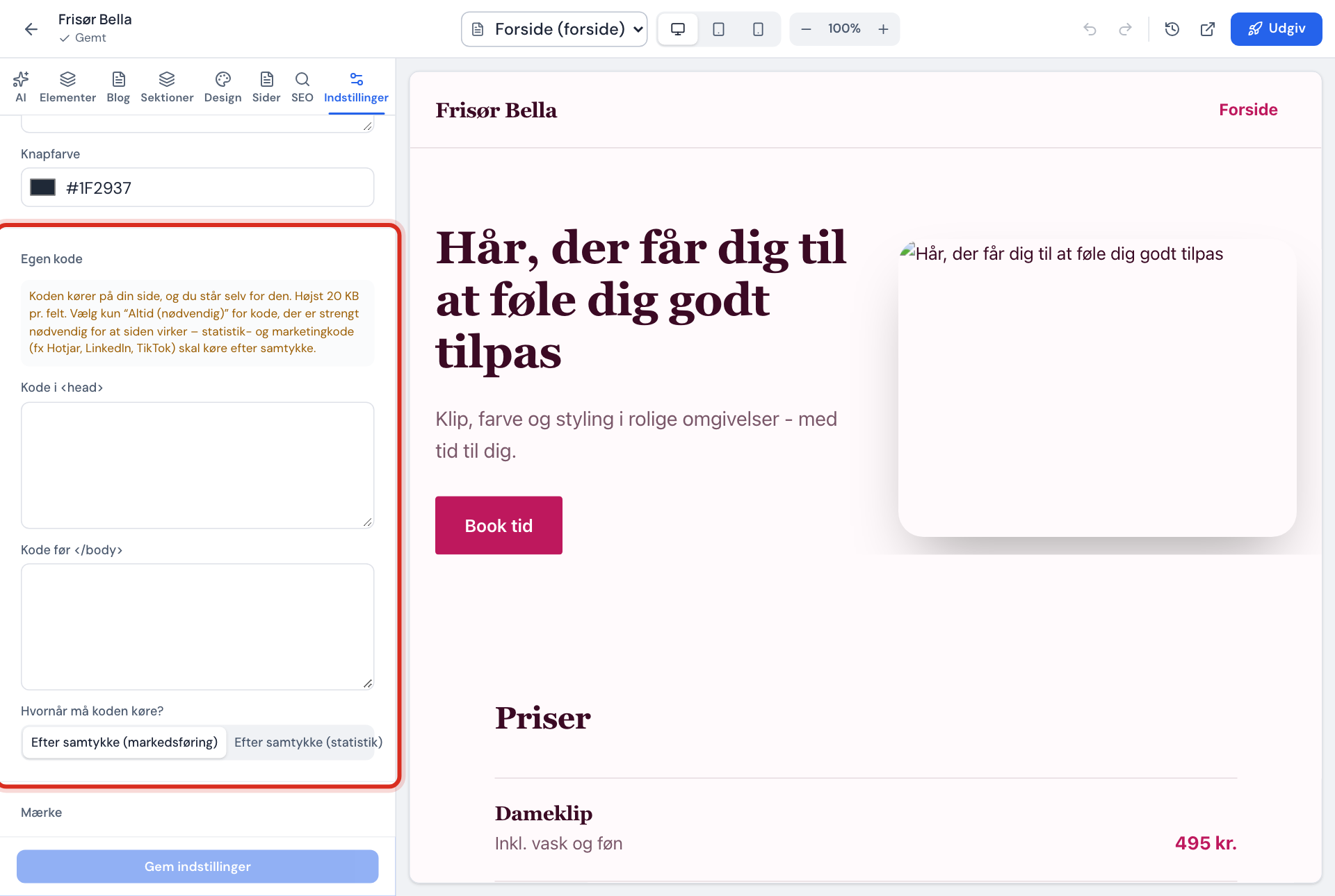 Indstillinger for hjemmesiden: Egen kode med felterne til head og body og valget Hvornår må koden køre?