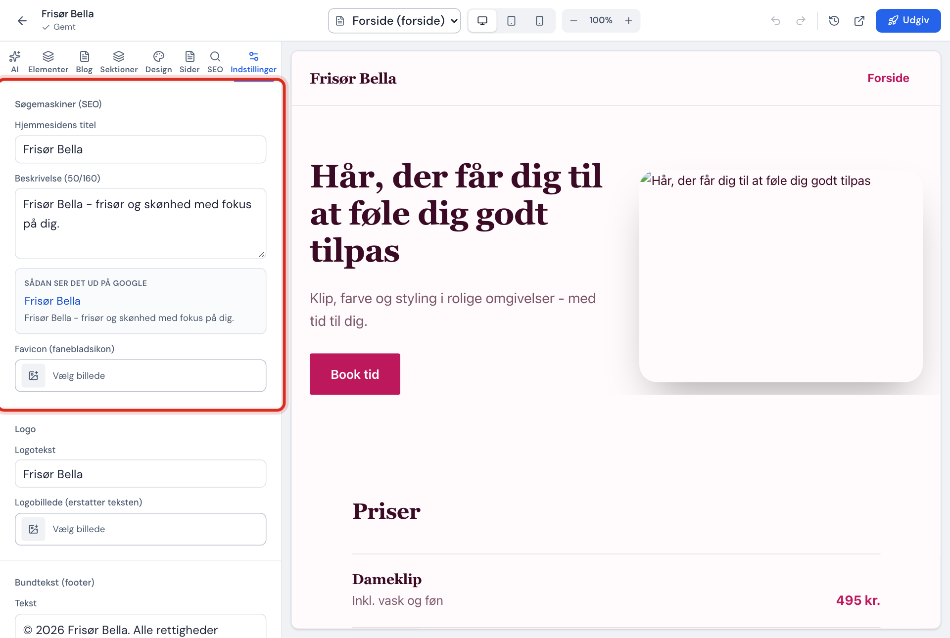 Fanen Indstillinger med afsnittet Søgemaskiner (SEO): Hjemmesidens titel, Beskrivelse og Favicon
