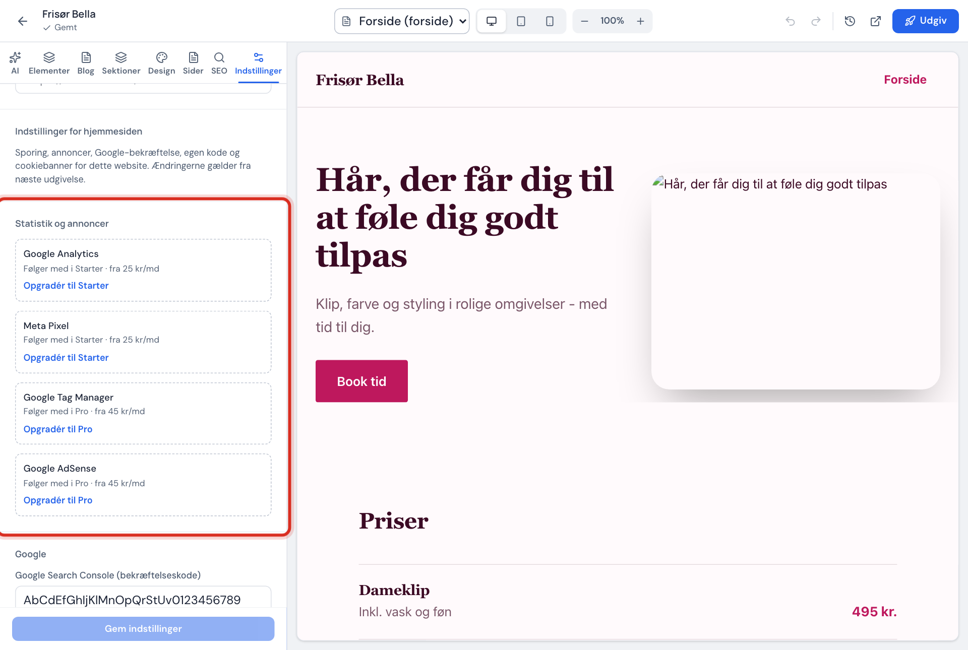 Statistik og annoncer på en Free-pakke, hvor felterne er erstattet af bokse med den pakke, der skal til